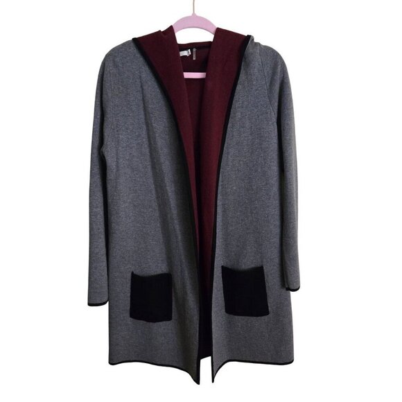 OST Cotton Cashmere Blend Color Block Open Front Coatagan Pockets Hooded Size M